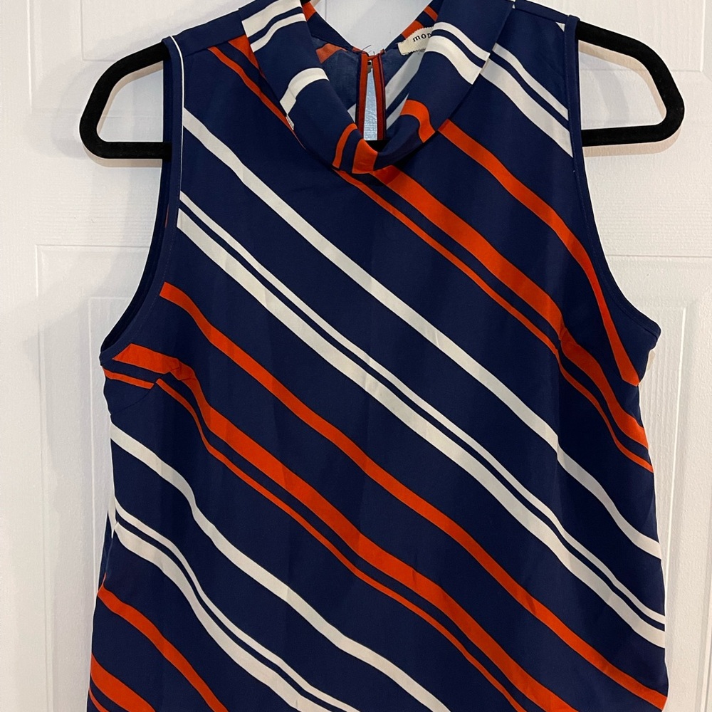 Collard Sleeveless Satin Top - Navy, Orange, and White Stripes